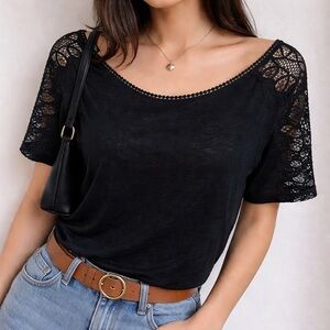 Sandro Paris Black Linen Lace Trim Top Size 3 Medium French Designer